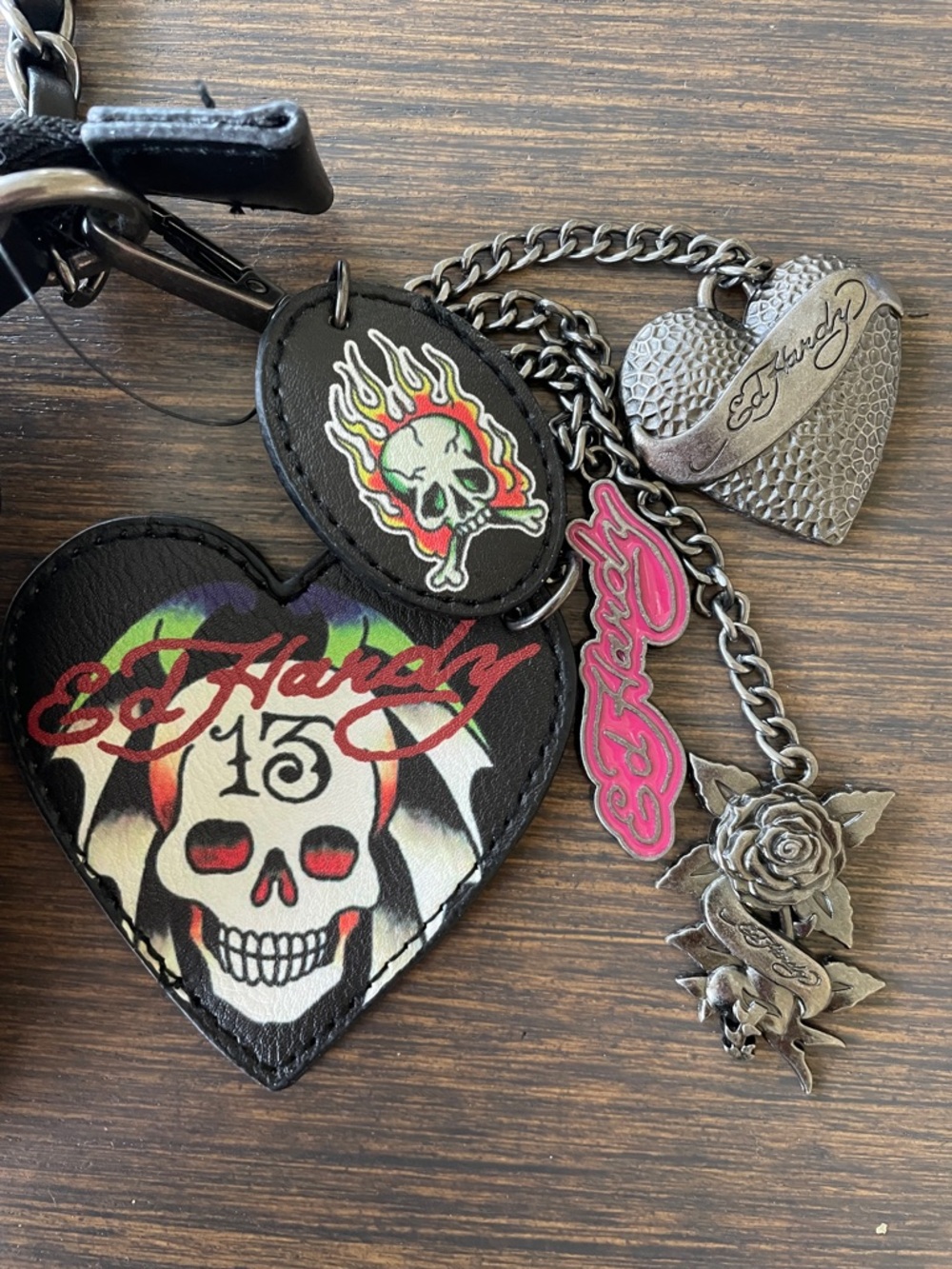 ED HARDY BLACK EMBOSSED SKULL BAGUETTE BAG with Rhinestone Studs and Bag Charm - Picture 8 of 13